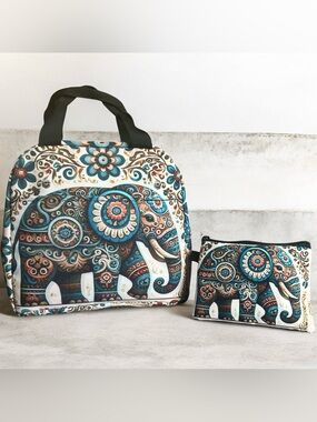 Boho Elephant Print Lunch Bag & Pouch Teal & Brown great for the Elephant lover